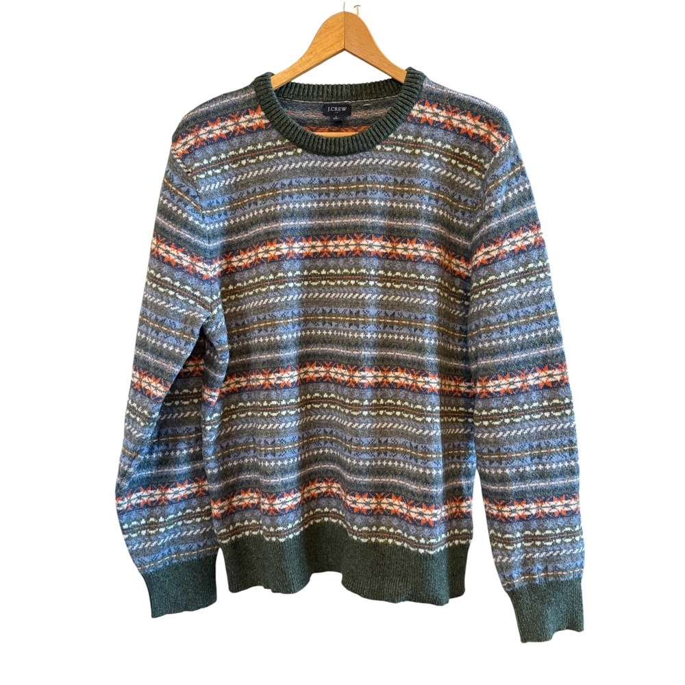 J. Crew Green & Blue Fair Isle L Lambswool Blend Fall Winter Warm Sweater Preppy